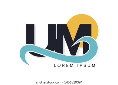 UM letter logo with ocean waves and sunset. Beach concept design