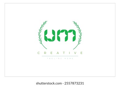 UM letters eco logo with leaf. Fresh nature and healthy leaf logo design.