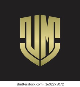 UM Logo monogram with emblem shield shape design isolated gold colors on black background