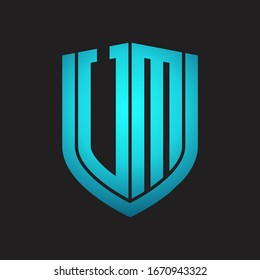 UM Logo monogram with emblem shield design isolated with blue colors on black background