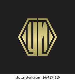 UM Logo monogram with hexagon line rounded design template with gold colors