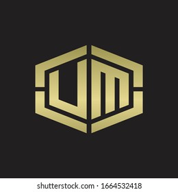 UM Logo monogram with hexagon shape and piece line rounded design tamplate on gold colors