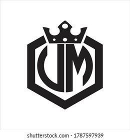 UM Logo monogram rounded by hexagon shape with crown design template on white background