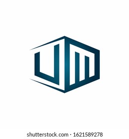 UM monogram logo with hexagon shape and negative space style ribbon design template