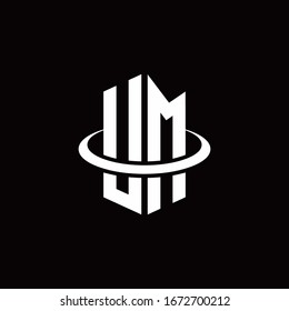 UM monogram logo in a hexagon style and surrounded by a ring