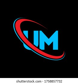 UM U M letter logo design. Initial letter UM linked circle uppercase monogram logo red and blue. UM logo, U M design. um, u m