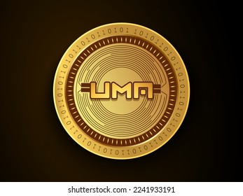 Uma (UMA) crypto currency symbol and logo on gold coin. Virtual money concept token based on blockchain technology. 