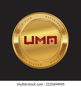 UMA crypto currency token logo in red color concept on gold coin isolated in black background. Vector illustration design for crypto news, poster, banner, web, print, financial articles.