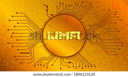 UMA cryptocurrency token symbol of the DeFi project in circle with PCB tracks on gold background. Currency icon. Decentralized finance programs. Vector EPS10. Foto stock © 