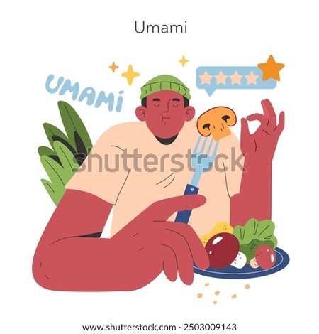 Umami taste concept. A content man enjoys a flavorful mushroom meal, appreciating the unique fifth taste. Taste satisfaction and culinary delight. Vector illustration.