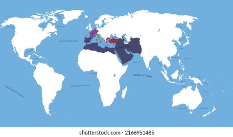 Umayyad Caliphate, Byzantine Empire, Frankish Empire, Kingdom Of Lombardy, Kingdom Of Britanny Map In One World Map 