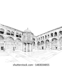 Umayyad Mosque. Damascus. Syria. Hand drawn sketch. Vector illustration.