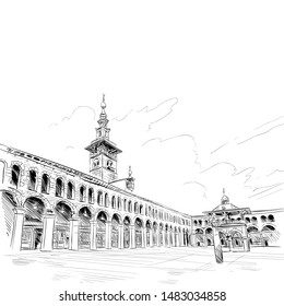 Umayyad Mosque. Damascus. Syria. Hand Drawn Sketch. Vector Illustration.