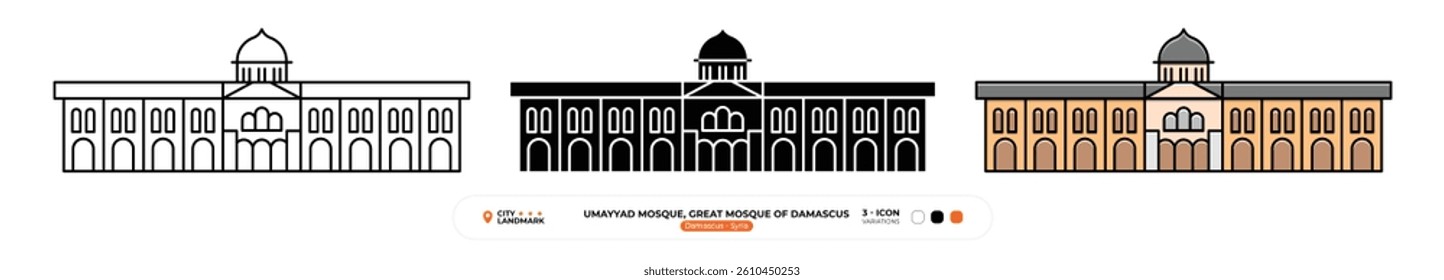 Umayyad Mosque Great Mosque of Damascus, Line Icon. Damascus, Syria, Landmark, Silhouette, Color Vector, Editable Stroke.
