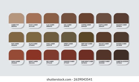 Umber Color Palette. Burnt Umber Tones Swatch Chart with HEX Codes and Color Names. Neutral an Earthy Variants Infused brown Tone Palette. wood painting color brown Variants Color Palette, mahogany