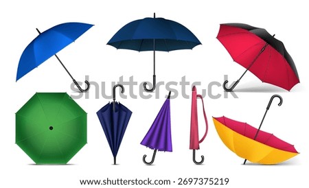 Umbrella 3D. Open parasol for rain. Autumn symbol, spring icon. Water weather. Accessory for Monsoon. Rainy season. Colorful isolated elements for marketing branding. Vector fall illustration set