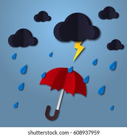 Umbrella in the air with cloud and rain. Paper art style. Projects template for business. Vector art and illustration.