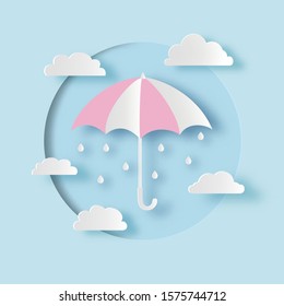 Umbrella in the air with clouds and raindrops. Rainy season. Paper cut out digital craft style. Carving art. Vector illustration