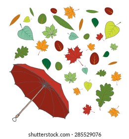 Umbrella in the autumn leaf fall. Editable Vector illustration