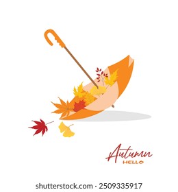 Umbrella with autumn leaves. Fall or autumn element. Autumn clipart. Flat vector in cartoon style isolated on white background.