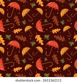 Umbrella, autumn leaves. Umbrella pattern. Rain protection on a dark background. Flat-style design.