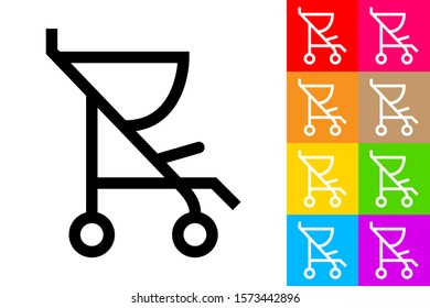 Umbrella Baby Stroller. Line Icon With Different Color Background.