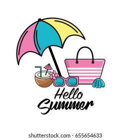 umbrella with bag and sunglasses with coconut and shell