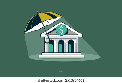 Umbrella with bank building vector conceptual poster, safe banking concept, simple icon style illustration of a parasol with e-bank, financial protection metaphor.