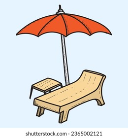 Umbrella beach chair and table in hand drawn style vector illustration.