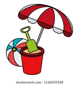 umbrella beach with sand bucket and balloon