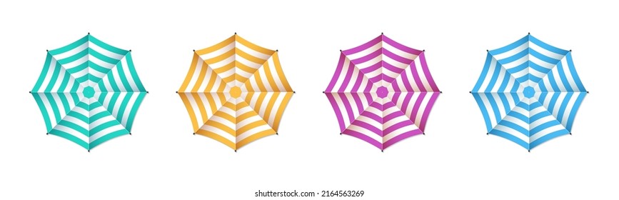 Umbrella For Beach. Umbrella For Sand Beach, Sun, Summer And Pool. Parasol Top View. Sunshade For Chair On Sea. Colorful Striped Realistic Parasols With Shadow. Vector.