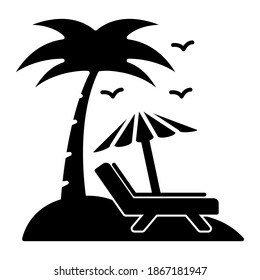 Umbrella beach with sun bed icon in trendy silhouette style design. Vector illustration isolated on white background.