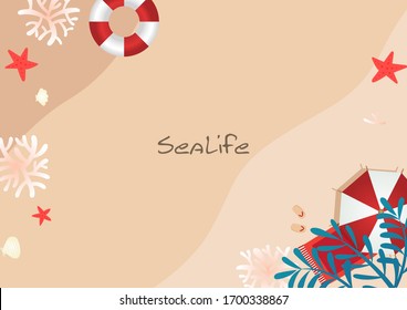 Umbrella beach, swim tube, coral, seashell and coconut palm leaves on sand beach border vector background for decoration on summer holiday festival.