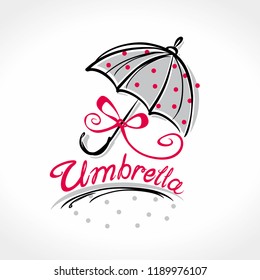 Umbrella. Beautiful female umbrella in red polka dots with a bow of red ribbon. Romantic umbrella vector template.