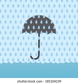 Umbrella behind rain storm and above flood 