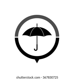 Umbrella - black vector icon; map pointer;  message bubble