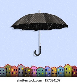 Umbrella in blizzard with colorful paper homes. Vector card