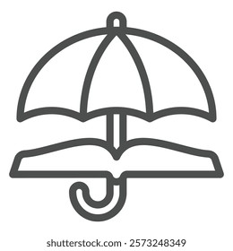 Umbrella with book line icon, jurisprudence concept. Vector graphics. Open book and parasol sign on white background, outline style icon for mobile or web design