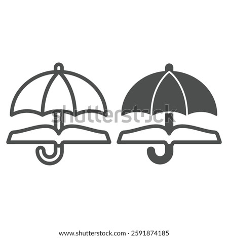 Umbrella with book line and solid icon, jurisprudence concept. Vector graphics. Open book and parasol sign on white background, outline style icon for mobile or web design