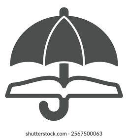 Umbrella with book solid icon, jurisprudence concept. Vector graphics. Open book and parasol sign on white background, glyph style icon for mobile or web design