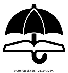 Umbrella with book solid icon, jurisprudence concept. Vector graphics. Open book and parasol sign on white background, glyph style mobile or design