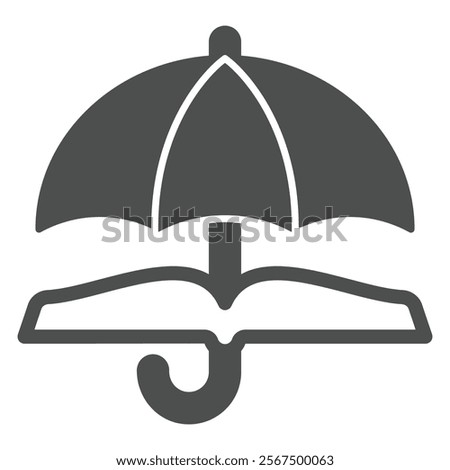 Umbrella with book solid icon, jurisprudence concept. Vector graphics. Open book and parasol sign on white background, glyph style icon for mobile or web design
