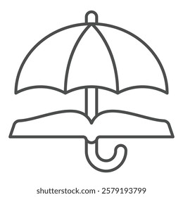 Umbrella with book thin line icon, jurisprudence concept. Vector graphics. Open book and parasol sign on white background, outline style icon for mobile or web design