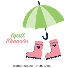 Umbrella with boots in the rain. April showers. EPS 10 vector.