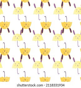 Umbrella bunny seamless pattern. Funny characters background . Repeated texture in doodle style for fabric, wrapping paper, wallpaper, tissue. Vector illustration.