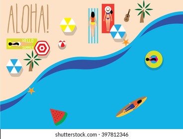 umbrella by the beach/ Vector illustration/ Summer time/ Sunbathe/ Summer holiday/ ladies trip/ aloha: hello or goodbye