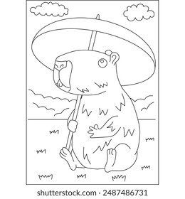 umbrella capybara chilling coloring book page for ui, ux, web, app, brochure, flyer and presentation design, etc.