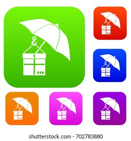 Umbrella and a cardboard box set icon in different colors isolated vector illustration. Premium collection