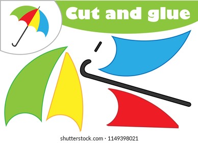 Umbrella in cartoon style, education game for the development of preschool children, use scissors and glue to create the applique, cut parts of the image and glue on the paper, vector illustration