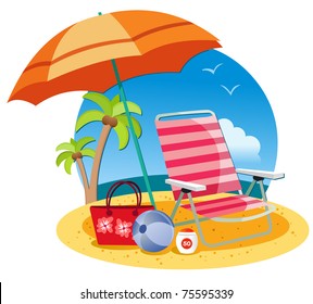 Umbrella, chair, ball and ball on the beach